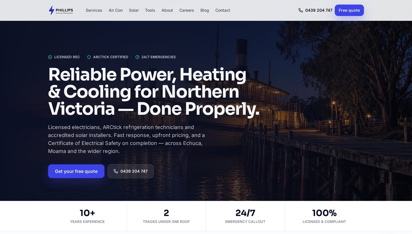 Phillips Electrical & Refrigeration homepage — electricians, refrigeration and solar in Echuca and Moama